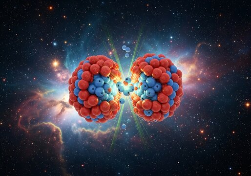 Microscopic universe colliding amidst cosmic nebula a visual representation of atomic interactions and energy release