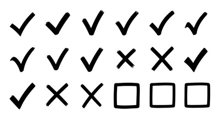 Collection of various check marks, crosses, and empty squares, representing choices and selections.