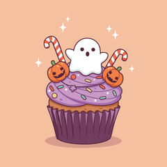 2D cartoon Halloween candy land illustration, with smiling cupcakes, ghost-shaped lollipops, black kitten in pumpkin carriage