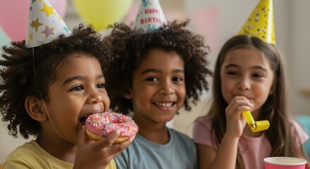 Diverse children celebrate together at a party, each one wearing party hats and smiling brightly, with a  showing a child enjoying a decorated donut and another one using a party blower.