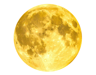 Close-up of a full, golden moon with craters against a black background