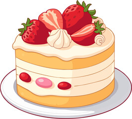 Cute Strawberry Cake Vector Illustration – Round Cream Cake with Whipped Topping and Fresh Strawberries on Plate