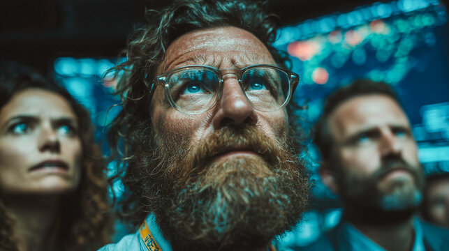 A diverse team of analysts in a control room, looking at screens with focused and concerned expressions. This represents a security operations center (SOC) managing a critical incident or cyber attack
