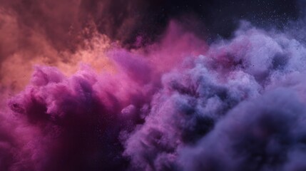 Abstract vibrant explosion of colorful powder swirling pink purple and orange particles in dynamic motion against a dark atmospheric background