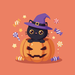 An orange pumpkin lantern with a cute smile and a black cat in a witch hat for an autumn holiday vector illustration