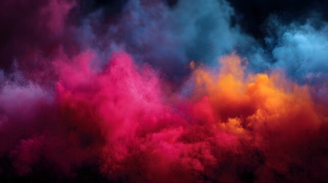Explosion of vibrant pink orange and blue colored powder clouds in dynamic motion