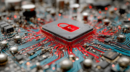A central processing unit with a glowing red lock icon, illustrating a system-wide security breach or hardware vulnerability. A deep tech look at cyber attacks, data protection, and encryption.