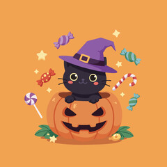 The funny cartoon owl with a witch hat and a pumpkin is a cute vector illustration for a Halloween party