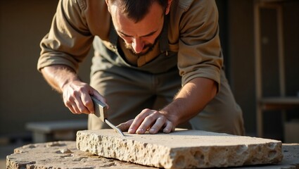 Man carving flat stone slab outdoors with careful precision