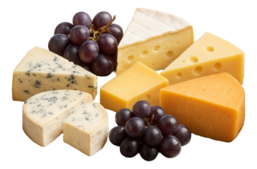 Vintage silver-plated tray displaying a selection of assorted cheeses and grapes, arranged in a circular pattern.