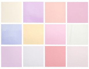 Fototapeta premium Twelve soft, colorful fabric swatches arranged in a rectangular grid, cut edges