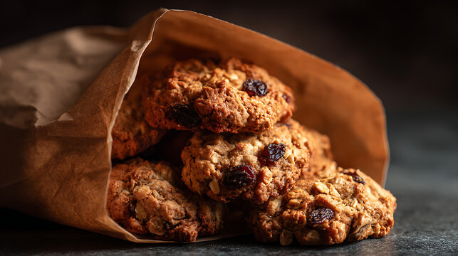 chocolate chip cookies inside rustic brown packaging isolated on white background