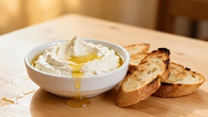Fototapeta premium Homemade Whipped Ricotta Dip with Crostini and Olive Oil