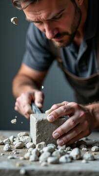 Man chiseling stone block with focus and intensity in workshop