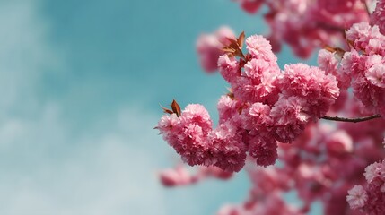 Vibrant pink cherry blossoms bloom against a soft blue sky symbolizing the fresh beauty of spring