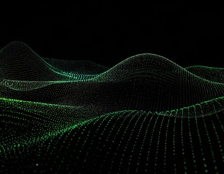 Abstract digital landscape of glowing green dots undulating against a black background