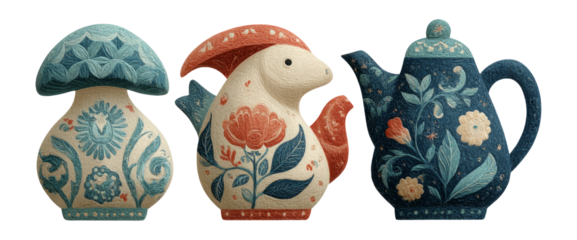 Intricate Illustration of Decorative Objects with Floral Patterns and Unique Designs