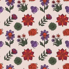 Hand Drawn Halloween Pattern With Flowers And Skulls