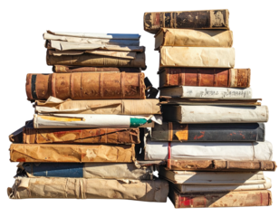 Two tall, weathered piles of stacked antique books, aged and torn, viewed at eye level