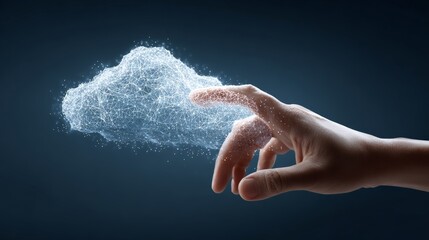 Businessman touching virtual cloud computing icon representing data storage, network and internet services access with copy space on dark blue background