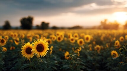 Fototapeta premium Vast sunflower field illuminated by golden hour sunset with two prominent blooms in the foreground under a dramatic sky