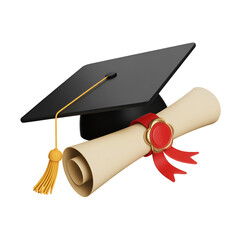 Black Graduation Cap with Yellow Tassel and Diploma Scroll