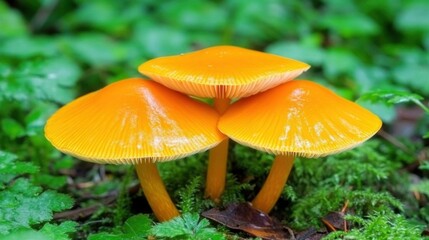 Fototapeta premium Orange mushrooms standing out in the vibrant green undergrowth of a damp, shaded forest