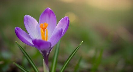 Single purple crocus flower in bloom with yellow center soft background