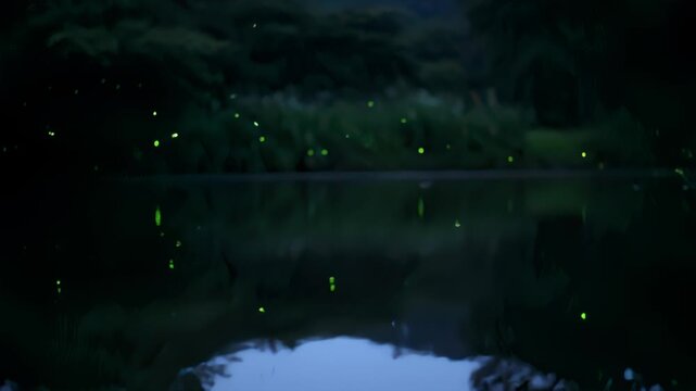 Magical Fireflies illuminate dark forest reflecting in serene water at