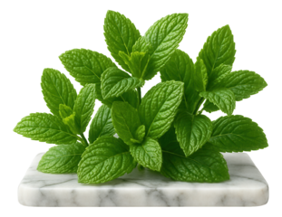 Mint leaves scattered on a marble surface, showcasing their vibrant color for dessert styling.