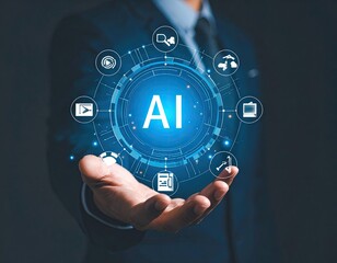 Person holds glowing AI sphere with icons, symbolizing technology, data, and future