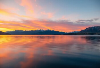 Fototapeta premium Serene sunset over calm lake, orange and pink hues reflected on water, majestic mountains in background, twilight, scenic