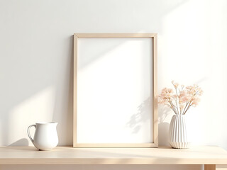 Elegant framed mockup with neutral tones, perfect for showcasing artwork in a minimalist, modern interior design setting featuring a vase and pitcher