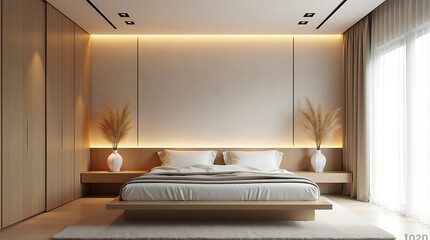 Serene bedroom retreat with warm lighting and minimalist design, perfect for creating a calming atmosphere and promoting relaxation and peaceful sleep
