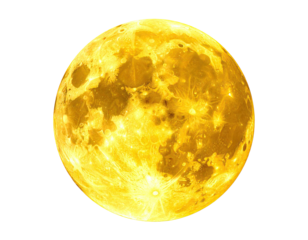 Bright golden orb isolated against black. Detailed lunar surface features visible