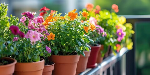 A vibrant array of colorful flowers in terracotta pots, arranged in a row on a balcony, with a blurred background of greenery and a hint of a cityscape.