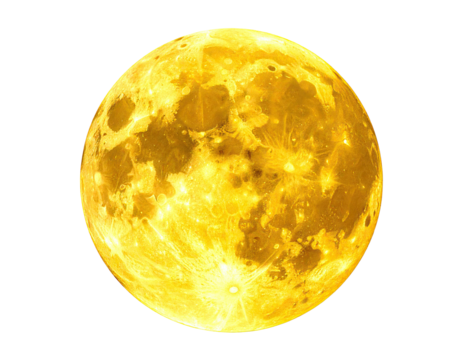 Bright golden orb isolated against black. Detailed lunar surface features visible
