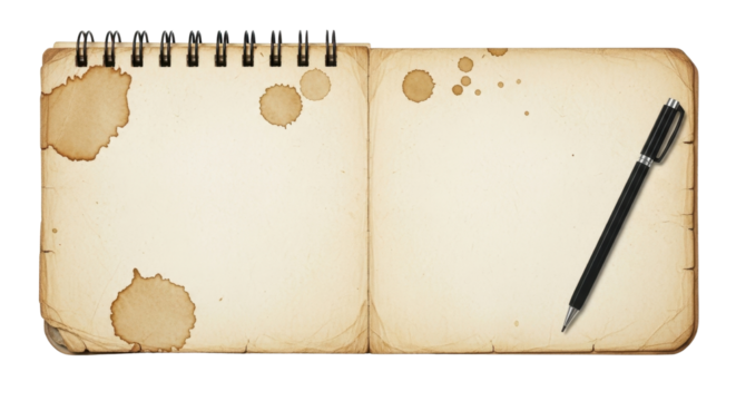 Open vintage sketchbook with blank pages and pen isolated PNG with Transparent Background
