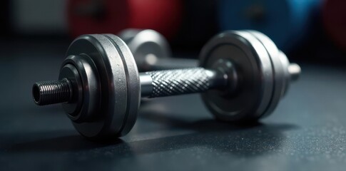 Fototapeta premium Pair of metallic dumbbells, focused on textured handles , macro, health