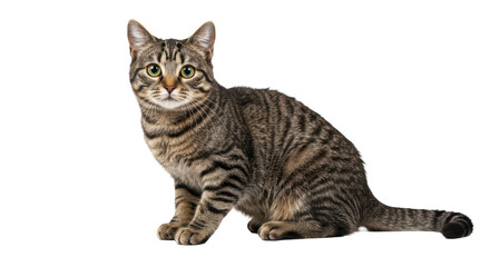 Fototapeta premium Domestic tabby cat sitting and looking confidently on white background 