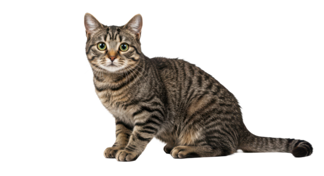 Domestic tabby cat sitting and looking confidently on white background  