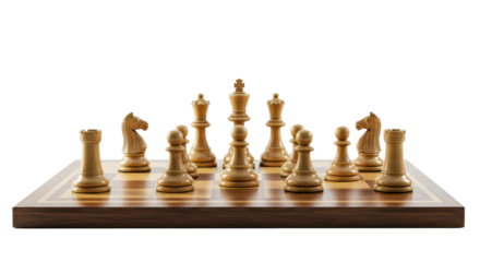 Chess pieces arranged on wooden board in strategic formation  