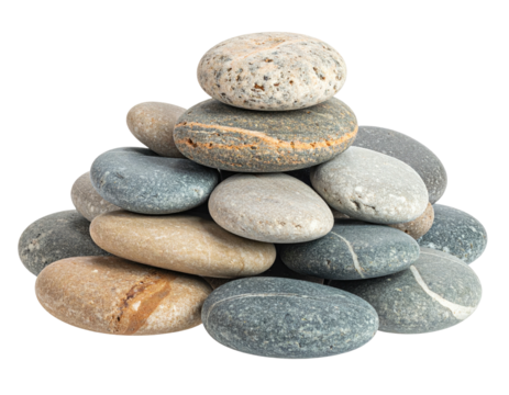 Stacked pebbles, forming a natural, layered pyramid on a transparent background