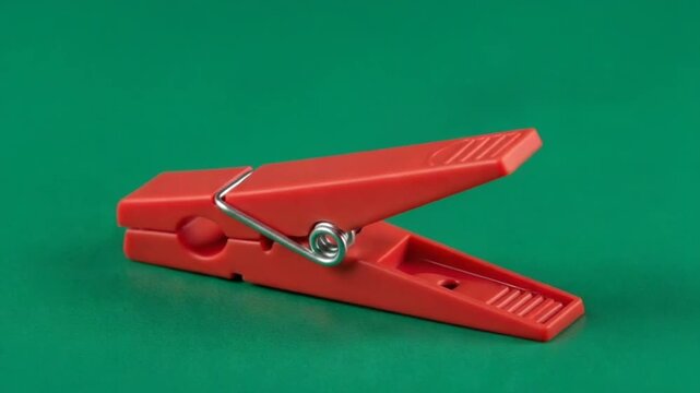 Red Plastic Clothes Pin on a Green Background.
