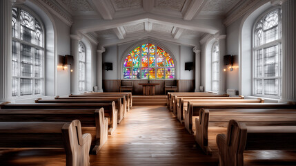 Fototapeta premium Minimalist studio composition featuring a single stained-glass panel and a simple wooden bench.