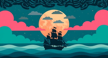 Silhouettes of pirates on a ship sailing under a large full moon at night