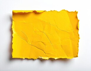 A bright yellow torn piece of paper with crumpled texture on a white background