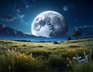 Night landscape with giant moon