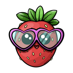 Cute Kawaii strawberry with face and sunglasses in shape of hearts. Vibrant Funny berry illustration. Hand drawn vector illustration for print, poster, kids design, sticker.