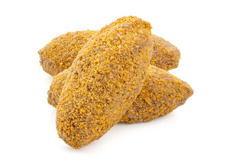 Frozen cutlet in breading, on a white background. Semi-finished meat products. 